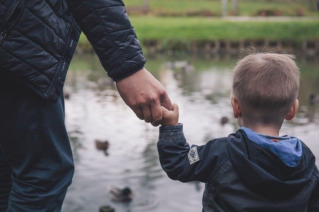 Famille, nature, marre, enfant, papa